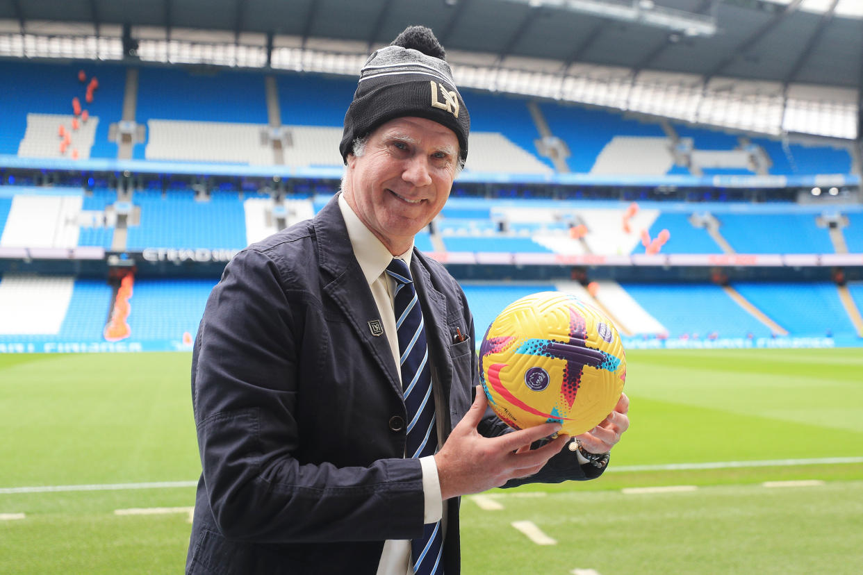 Will Ferrell poses for a photo with the match ball prior to the Premier League match between Manchester City and Aston Villa at Etihad Stadium on February 12, 2023 in Manchester, England. (Photo by Matt McNulty - Manchester City/Manchester City FC via Getty Images)