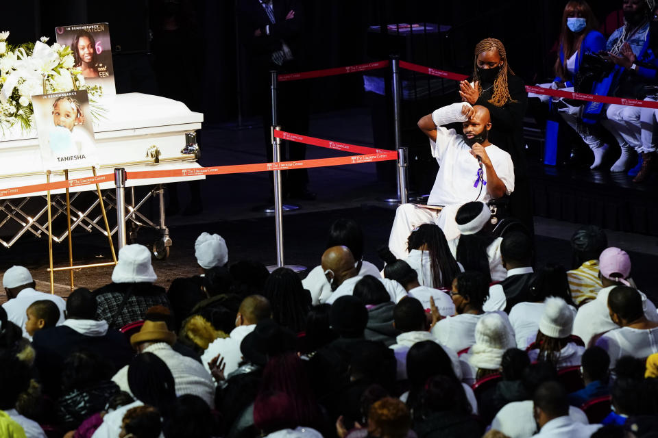 Howard Robinson speaks during funeral services for the victims of a deadly row house fire, at Temple University in Philadelphia, Monday, Jan. 17, 2022. Officials say it's the city's deadliest single fire in at least a century. (AP Photo/Matt Rourke)