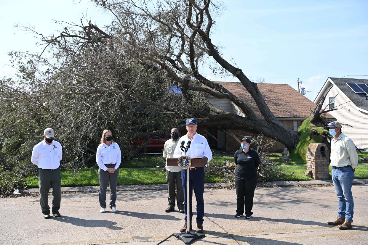 US President Joe Biden delivers remarks after touring the Cambridge neighborhood affected by Hurricane Ida, in LaPlace, Louisiana, on September 3, 2021. (Mandel Ngan/AFP via Getty Images)