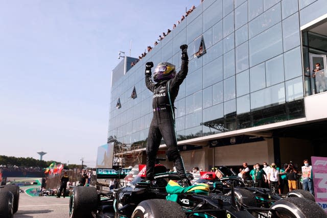 Lewis Hamilton celebrates his victory