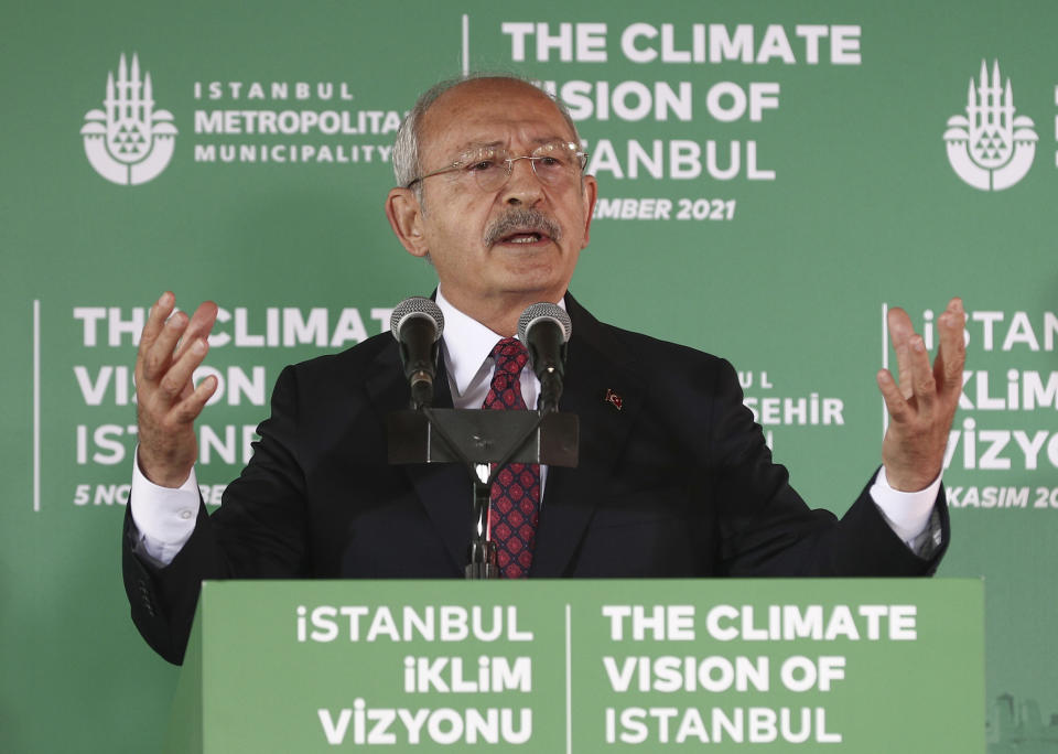 Kemal Kilicdaroglu, leader of Turkey's main opposition Republican People's Party, addresses a gathering on climate change, in Istanbul, Friday, Nov. 5, 2021.Kilicdaroglu is appealing to foreign investors to steer clear from President Recep Tayyip Erdogan's project to construct a shipping canal skirting Istanbul, saying it would further impact the climate crisis-hit world. Kilicdaroglu said Friday that he has sent letters to all foreign embassies in Turkey, urging them to tell investors in their countries that the "Canal Istanbul" project is "against the world's climate." (AP Photo)
