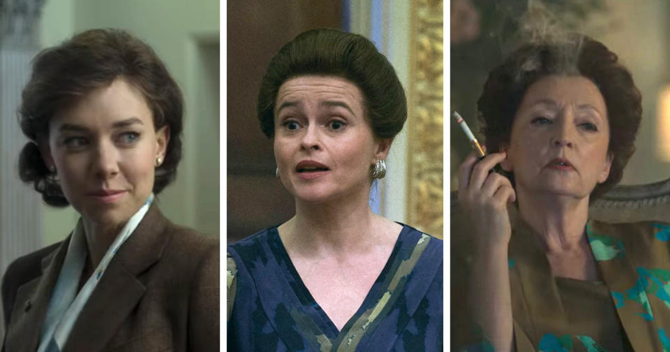 Vanessa Kirby, Helena Bonham Carter, and Lesley Manville as Princess Margaret