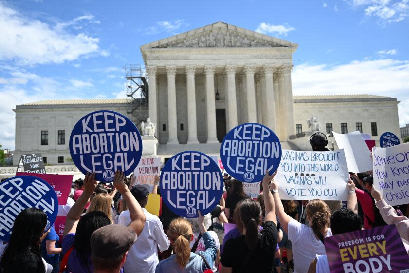 Demonstrators rally in support of abortion rights at the US Supreme Court in Washington, DC, April 15, 2023. - The Court on April 14 temporarily preserved access to mifepristone, a widely used abortion pill, in an 11th-hour ruling preventing lower court restrictions on the drug from coming into force. (Photo by Andrew Caballero-Reynolds / AFP) (Photo by ANDREW CABALLERO-REYNOLDS/AFP via Getty Images)