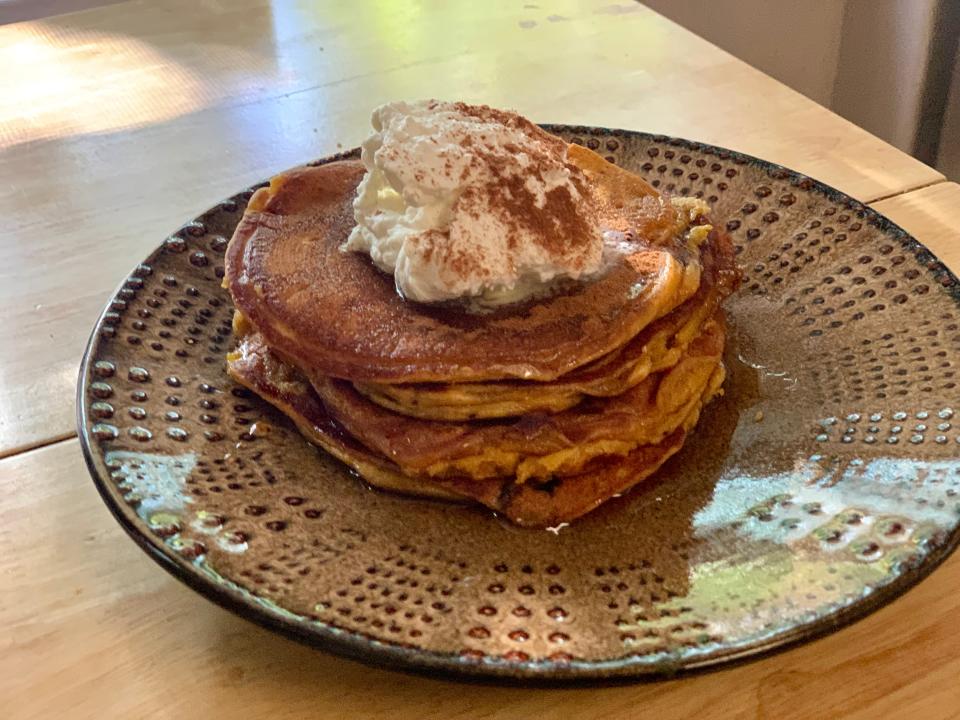 Stack of pancakes made with Trader Joe's pumpkin pancake mix