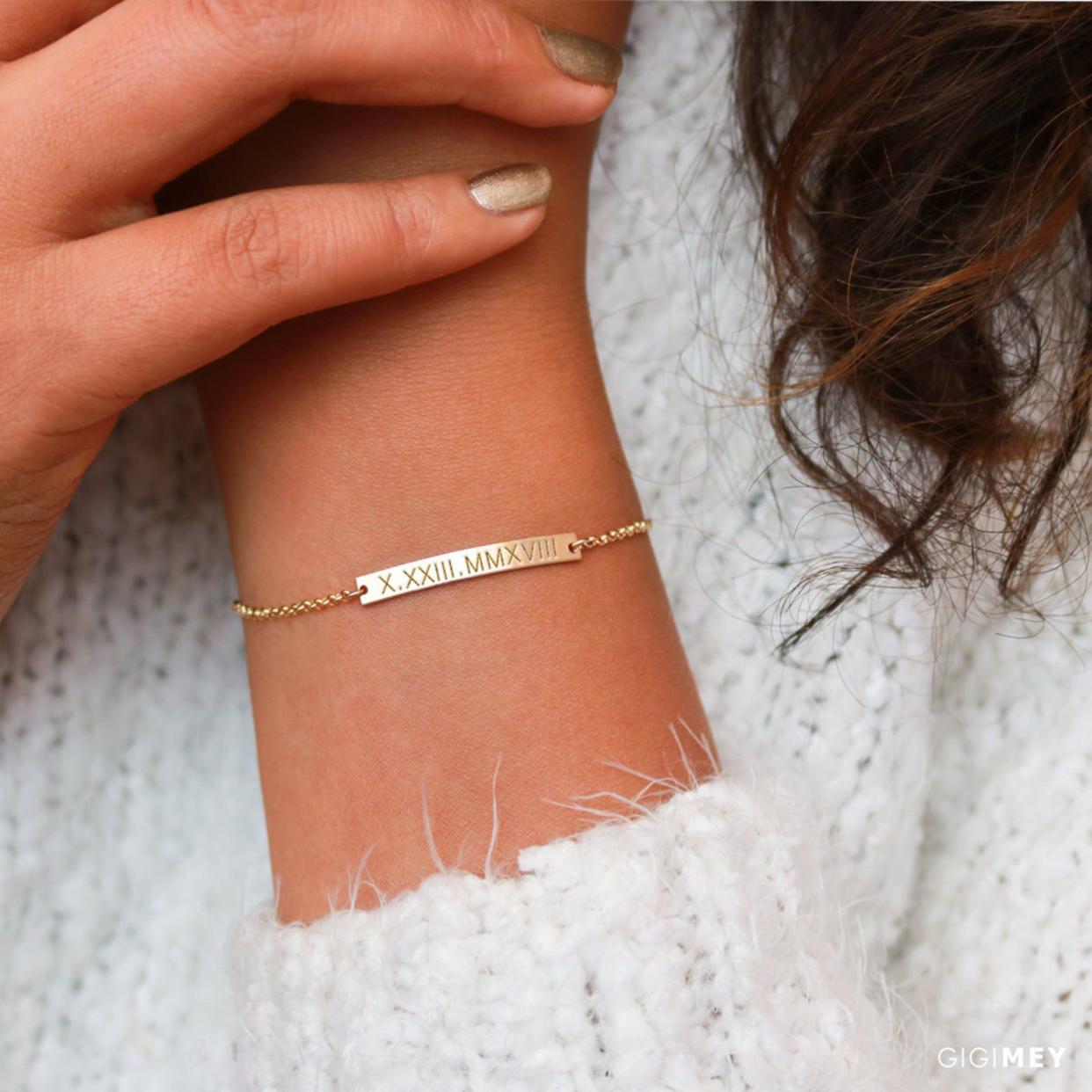 Dainty Custom Roman Numeral Bar Bracelet