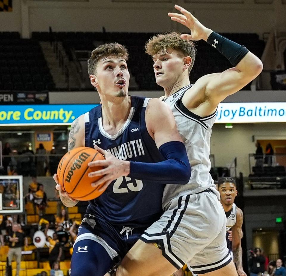 Monmouth's Nikita Konstantynovskyi goes to the basket against Towson on Feb. 22, 2024 in Towson, Md.