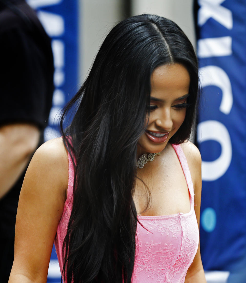 Mexican artist Becky G arrives for the FIFA announcement of the cities that will host soccer games for the 2026 World Cup, Thursday, June 16, 2022, in New York. (AP Photo/Noah K. Murray)