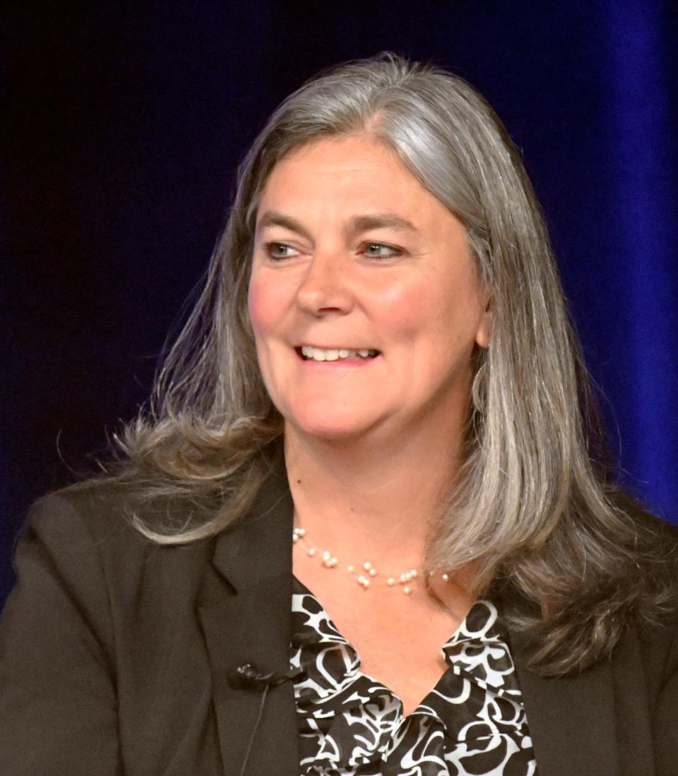 Tracy Post, Republican candidate for state representative in the First Barnstable District, speaks at a candidates forum at the Cape Cod Media Center Tuesday evening.