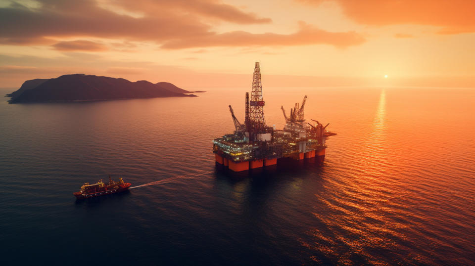 Aerial view of a oil rig in the middle of an ocean, with a bright orange sunrise in the background.