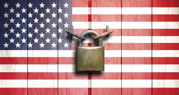 U.S. flag with a padlock keeping it shut.