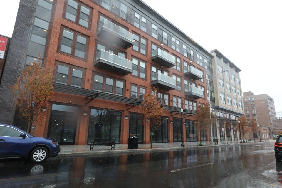 Apartment building at 383-389 Main St. The transformation of Hackensack. Development along Main and River Streets.