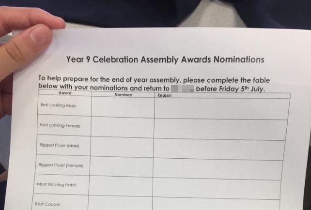 A school has sparked outrage by asking teenagers to vote for their “best-looking” classmates. The secondary school in Kent has apologised for an awards nomination form, which was handed out to 13- and 14-year-olds, after an aunt of a student described the activity as “shocking”.Year 9 pupils at Hugh Christie School in Tonbridge were also encouraged to nominate their classmates for best couple, biggest ego, biggest strop and biggest poser.The task, which was linked to an end-of-year assembly, sparked criticism on social media.Lucy Hall, who has a nephew at the school and posted a photo of the form on Twitter, said parents were “appalled” by the form and called on the school for an explanation.She tweeted: “School is hard enough when you are 14 to create awards over best-looking boy and girl. Shocking.”In response to the post, Twitter user Karen Pollock, a counsellor, said: “This is school sanctioned bullying. Horrendous when we have a huge crisis in teen mental health.“It’s perfectly possible to do this without shaming and judgemental categories.”The school said the form, which also included a category for most irritating habit, was “inappropriate”.An internal investigation has been launched into why a member of staff produced the document.Jon Barker, the executive principal, said the school takes issues concerning the mental health and wellbeing of its students “very seriously”.He added: “I wish to apologise unreservedly for the awards nomination form circulated to students and seen by parents that has caused offence.“As soon as senior leaders were made aware, the form was withdrawn and replaced with one that correctly reflects the school’s ethos.“We will apologise to all students who received a form today [Thursday] and explain why we believe it was inappropriate to use. We have also emailed parents to apologise.”