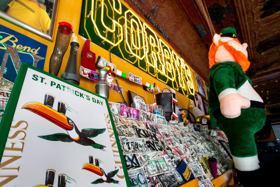 St. Patrick’s Day decorations are in place inside Corby’s bar on Wednesday, March 9, 2022, in South Bend. 