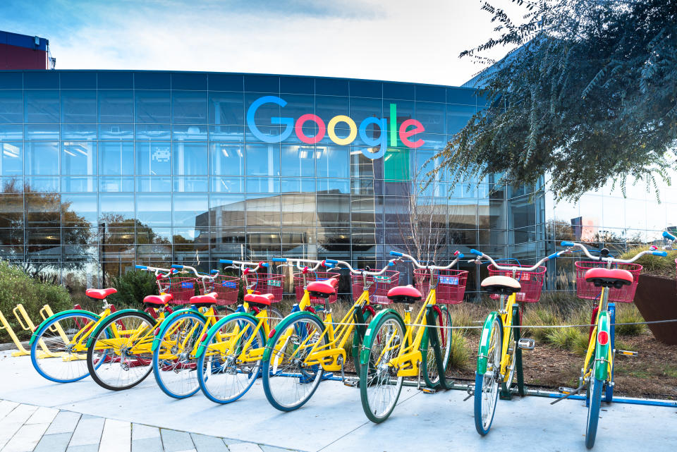 Colorful bicycles are parked outside Google's headquarters in Mountain View, California.