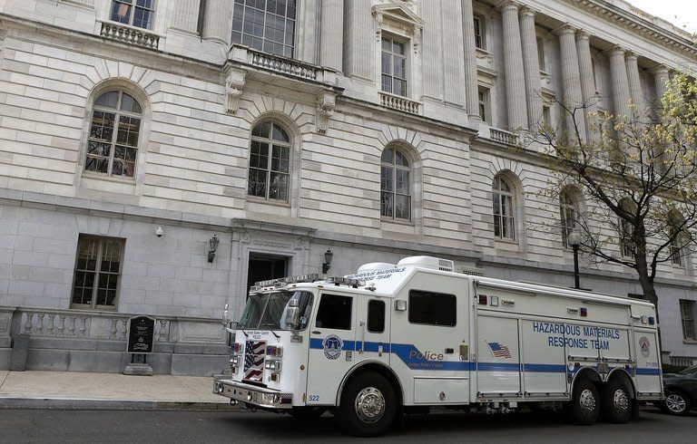 A truck from the US Capitol Police Hazardous Materials Response Team parks outside of Russell Senate Office Building April 17, 2013 on Capitol Hill in Washington, DC. Two Senate office buildings were briefly cordoned off amid reports of a suspicious package but were reopened after the all-clear was given