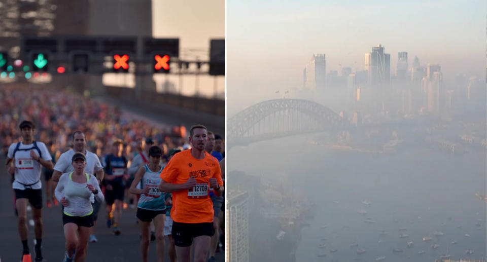 Marathon runners have been promised the smoke in the city (right) will clear. Source: Getty/ Nine