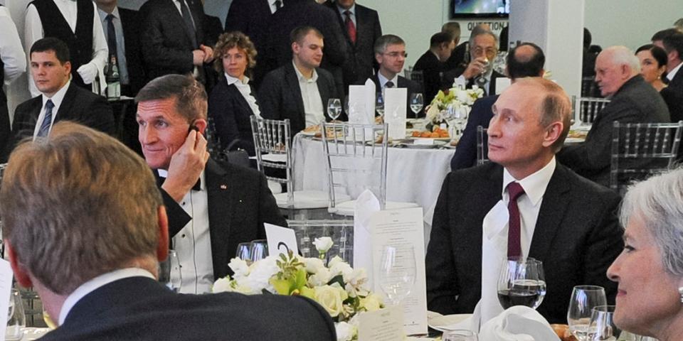 Michael Flynn with Russian President Vladimir Putin at a gala celebrating the 10th anniversary of Russia Today in Moscow, Russia on December 10, 2015.