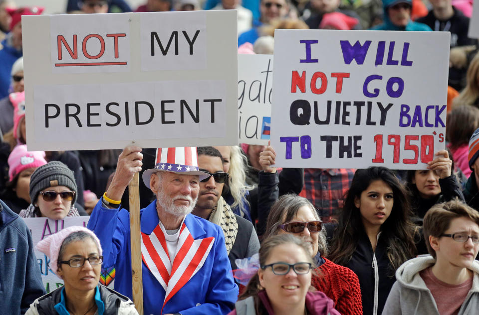 <p>Demonstrators hold a rally on Feb. 20, 2017, in Salt Lake City. The rally is one of several “Not My President’s Day” protests planned across the country to mark the Presidents’ Day holiday. Protesters are criticizing President Trump’s immigration policies, among other things. (AP Photo/Rick Bowmer) </p>