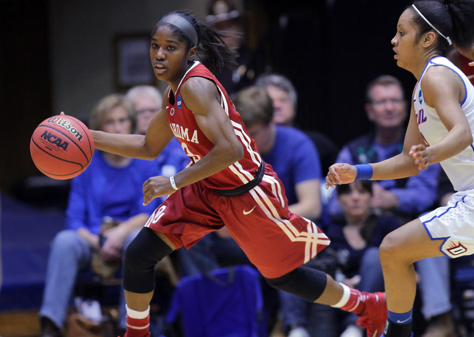 Oklahoma's Aaryn Ellenberg dribbles the ball up the court during the first half of a first-round game against DePaul in the NCAA basketball tournament in Durham, N.C., Saturday, March 22, 2014. (AP Photo/Ted Richardson)