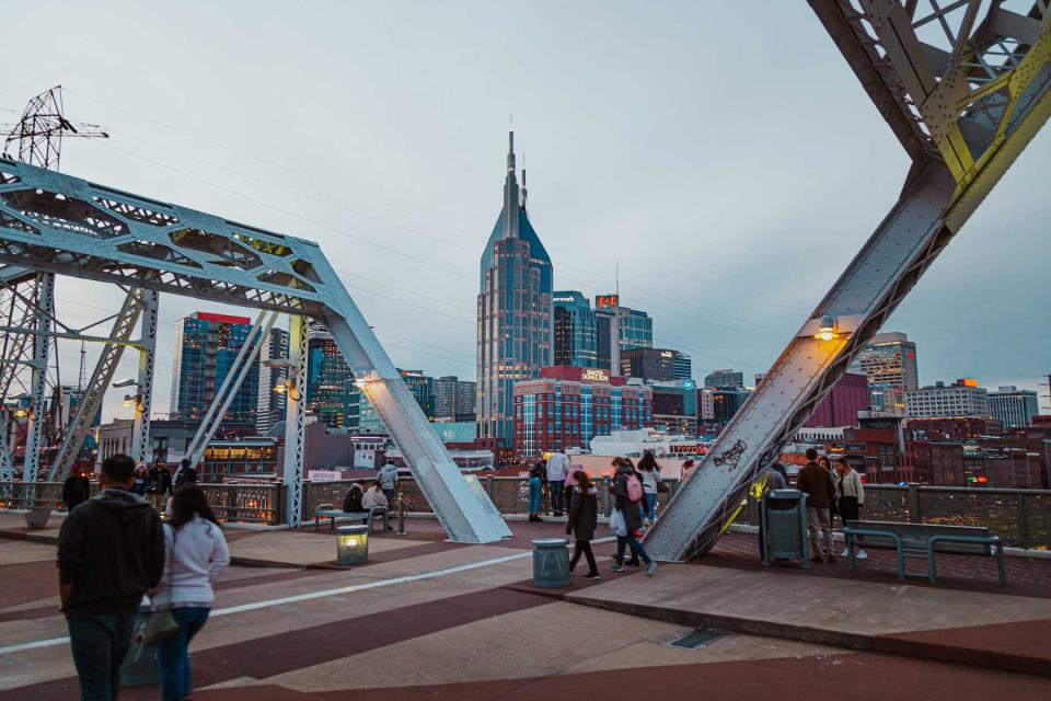 Nashville Scene with the John Seigenthaler Pedestrian Bridge. Outdoor shots of city scenes in Nashville, Tennessee during winter.