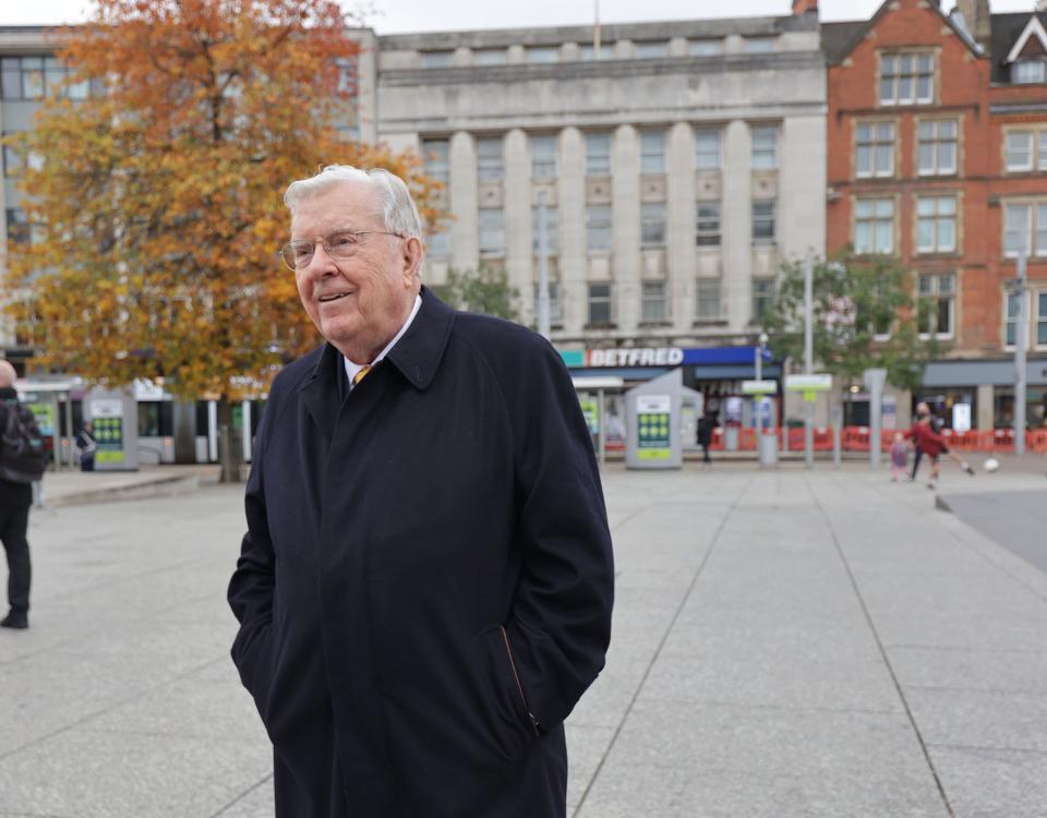 President M. Russell Ballard stands in Old Market Square in Nottingham, England, in the place where he preached as a young missionary in 1949.