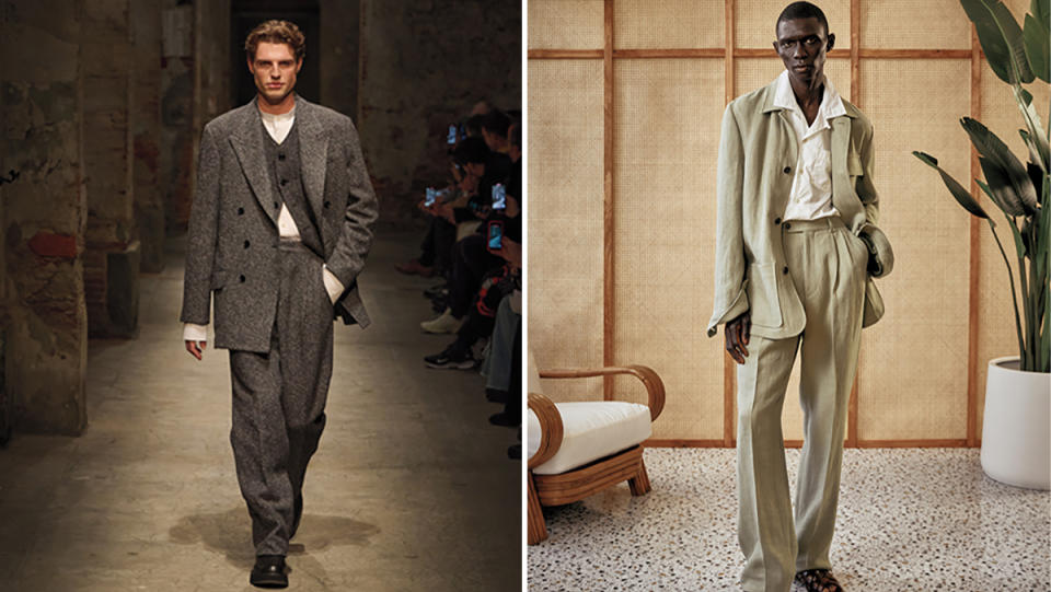 A wool double- breasted Wythe suit styled with swagger
at Todd Snyder's FW24 runway show at Pitti (left); a similarly slouchy Belmont Jacket and Hollywood Dress Pant (right) from the SS24 “La Playa” collection.