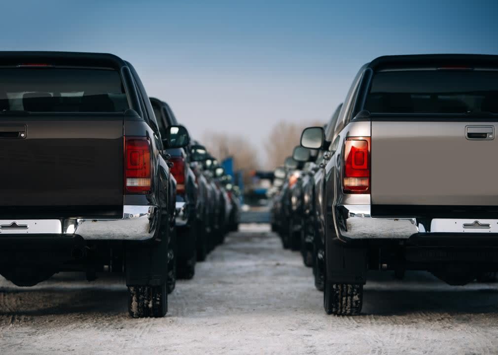 A row of parked trucks.