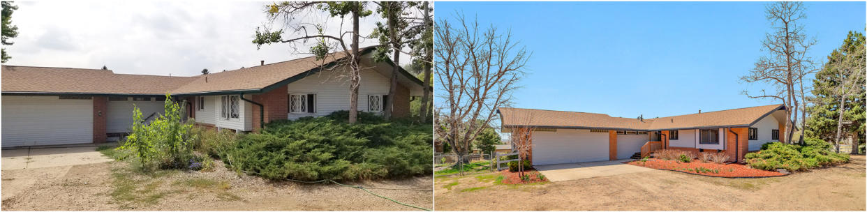 These two photos shows the exterior of a house before and after it was flipped. 