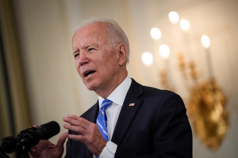 President Joe Biden speaks about the nation's economic recovery amid the COVID-19 pandemic in the State Dining Room of the White House on July 19, 2021, in Washington, D.C.