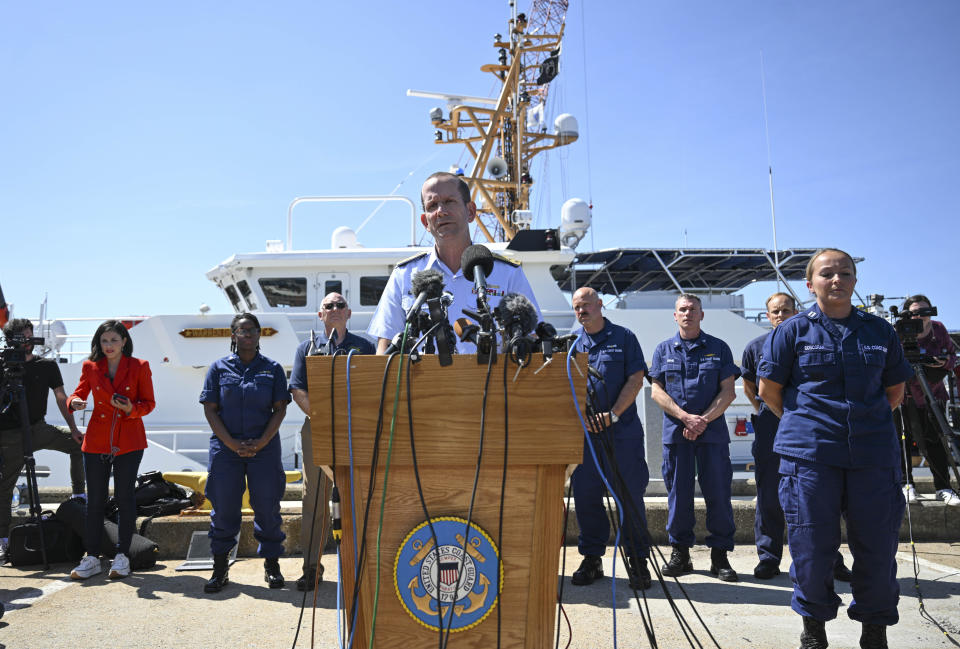 BOSTON, MA, UNITED STATES - JUNE 22: US Rear Adm. John Mauger, the First Coast Guard District commander, makes statements to the press at the US Coast Guard Base Boston in Boston, Massachusetts, United States on June 22, 2023. Debris discovered on the ocean floor suggests the missing submersible near the wreck of the Titanic suffered a 