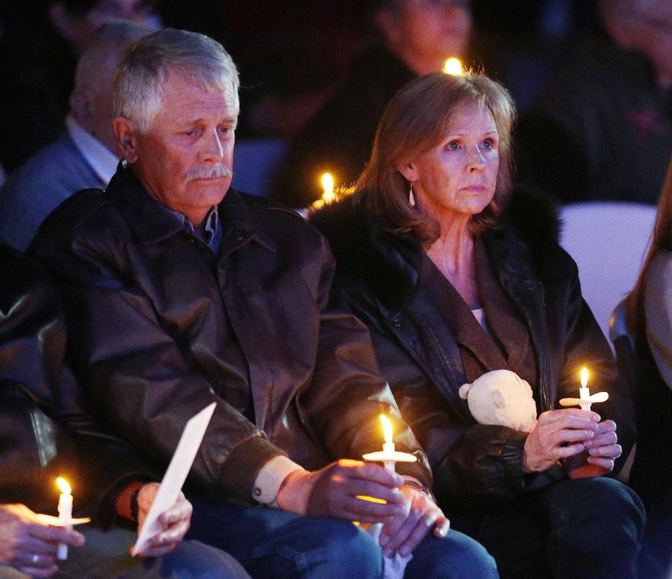 Carl and Marsha Mueller hold candles at a memorial in honor of their daughter Kayla Mueller, on Feb. 18, 2015, in Prescott, Ariz. (Photo: Rob Schumacher/The Arizona Republic)