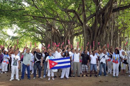 (From L to R) Recent released dissidents Luis Diaz, David Gayselo, Miguel Tamayo, Vladimir Ortis, Aide Gallardo, Angel Casteyon, Sonia Garro, Mario Hernandez, Rolando Reyes, Carlos Figueyda and Eugenio Hernandez react during a march in Havana January 11, 2015. REUTERS/Stringer