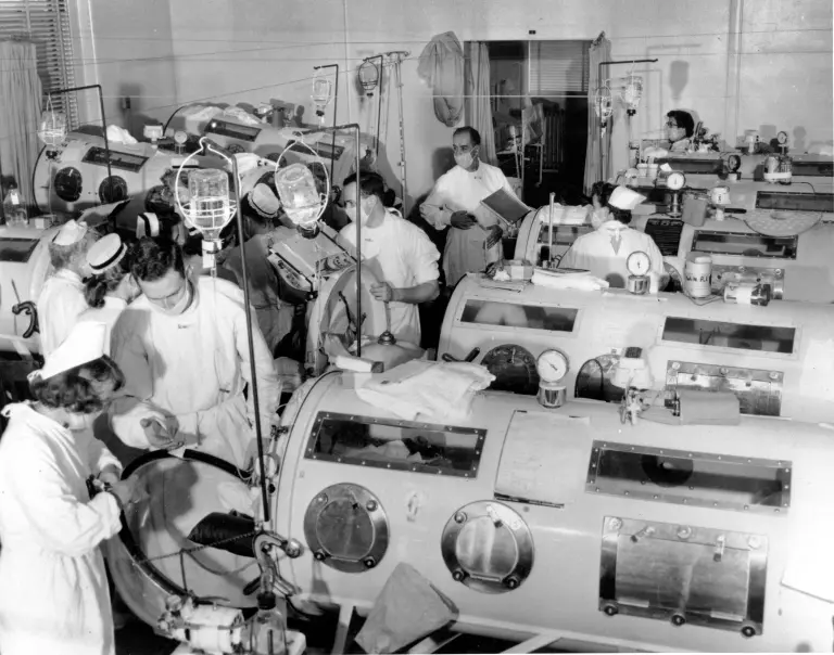 Pictured: an emergency polio ward at a Boston hospital in 1955 — three years after Alexander contracted the disease.