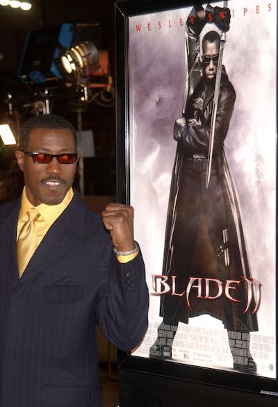 Wesley Snipes attends the premiere of ‘Blade 2’ in March 2002. <a href="https://www.gettyimages.com/detail/news-photo/actor-wesley-snipes-attends-the-premiere-of-the-film-blade-news-photo/705528?phrase=blade%20wesley%20snipes&adppopup=true" rel="nofollow noopener" target="_blank" data-ylk="slk:Vince Bucci/Getty Images;elm:context_link;itc:0;sec:content-canvas" class="link ">Vince Bucci/Getty Images</a>