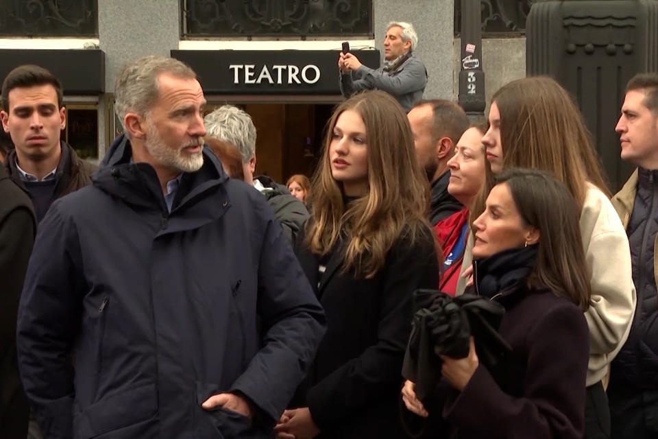 MADRID, SPAIN - MARCH 30: King Felipe and Queen Letizia with their daughters, Princess Leonor and Infanta Sofia, during the procession of Our Lady of Solitude in Madrid, March 30, 2024, in Madrid, Spain. (Photo By Europa Press via Getty Images)