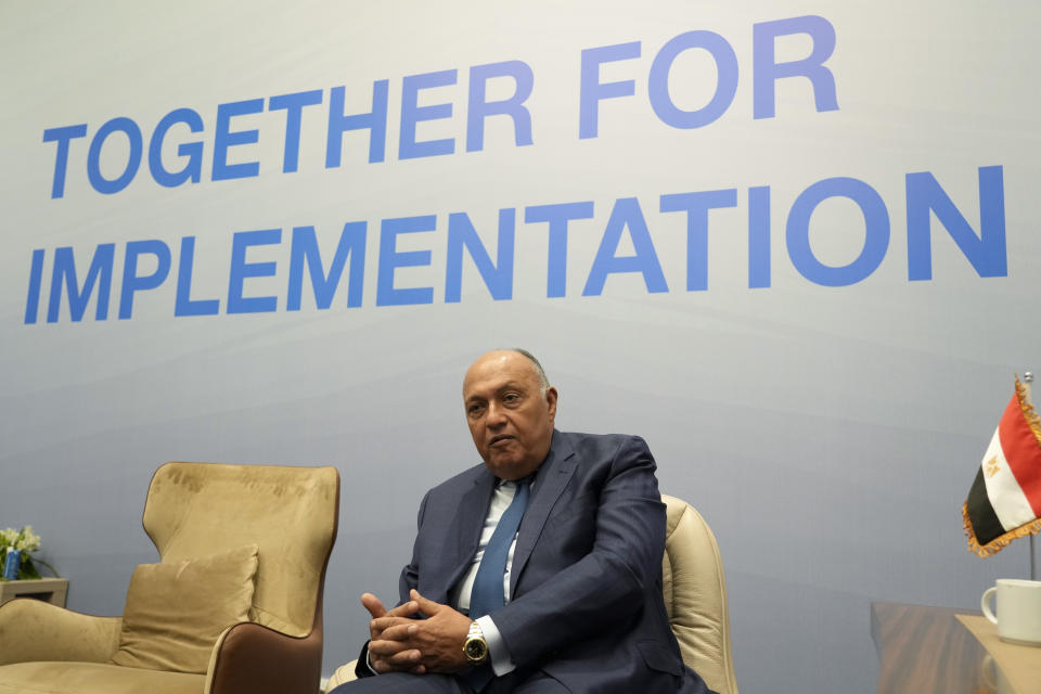 Sameh Shoukry, Egypt Foreign Minister and COP27 president, speaks during an interview with The Associated Press at the COP27 U.N. Climate Summit, Thursday, Nov. 10, 2022, in Sharm el-Sheikh, Egypt. (AP Photo/Peter Dejong)