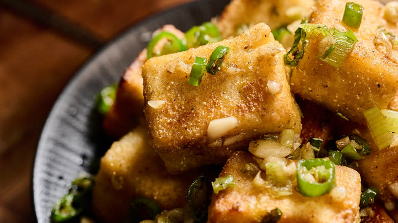 close up of fried tofu