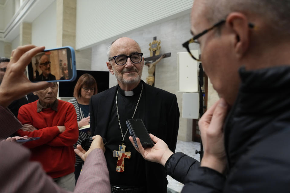 The Prefect of the Dicastery for Promoting Integral Human Development, Cardinal Michael Czerny, meets the journalists at the Vatican press hall, in Rome, Thursday, March 30, 2023. The Vatican has formally repudiated the "Doctrine of Discovery." That is the theory backed by 15th century papal bulls that legitimized the colonial-era seizure of Native lands and form the basis of some property law today. Indigenous groups have been demanding such a statement for decades. (AP Photo/Gregorio Borgia)