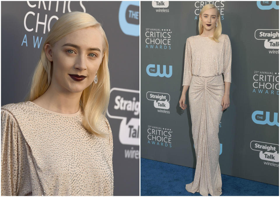 <p>Saoirse se vistió para ganar en la alfombra azul con un modelito de Michael Kors que le sentaba genial. (Foto: AP / Reuters). </p>