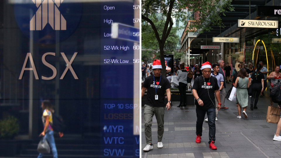 ASX board and people shopping in Sydney