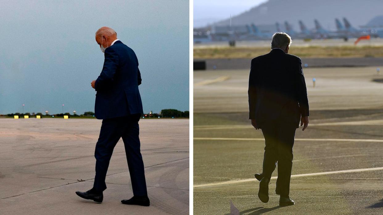 <span class="caption">One of these men will walk away from the 2020 race a loser. But who?</span> <span class="attribution"><a class="link " href="https://www.gettyimages.com/detail/news-photo/democratic-presidential-candidate-joe-biden-boards-a-plane-news-photo/1228645826?adppopup=true" rel="nofollow noopener" target="_blank" data-ylk="slk:Jim Watson/AFP via Getty, Mandel Ngan/AFP via Getty;elm:context_link;itc:0;sec:content-canvas">Jim Watson/AFP via Getty, Mandel Ngan/AFP via Getty</a></span>