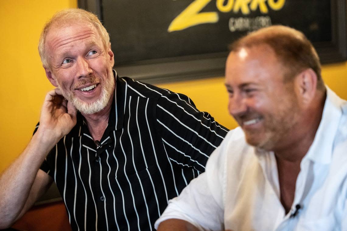 David (Ace) Cannon, left, and Ritchie (T.J.) Beams share a laugh during an interview in Charlotte, N.C., on Thursday, July 29, 2021.