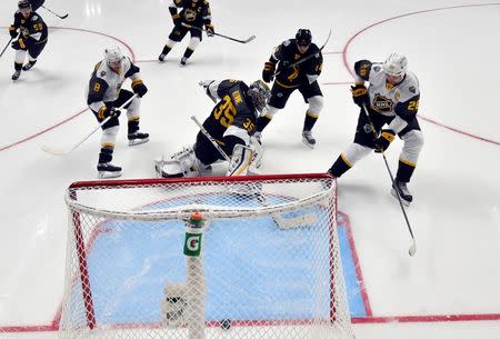Jan 31, 2016; Nashville, TN, USA; Pacific Division forward John Scott (28) of the Montreal Canadiens scores a goal past Central Division goaltender Pekka Rinne (35) of the Nashville Predators during the 2016 NHL All Star Game at Bridgestone Arena. Mandatory Credit: Christopher Hanewinckel-USA TODAY Sports