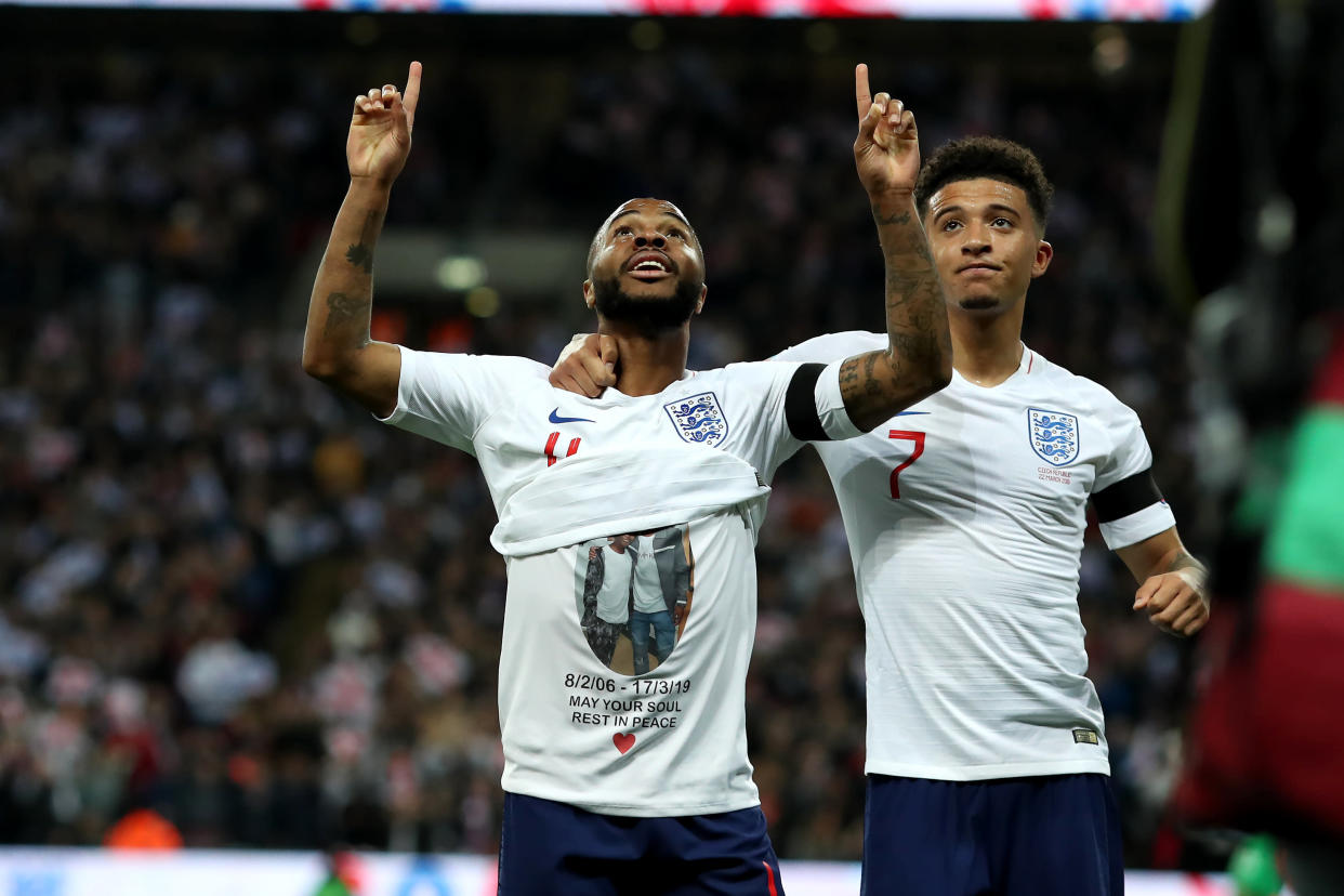 22nd March 2019, Wembley Stadium, London, England; UEFA European Championships Qualification football, England versus Czech Republic; Raheem Sterling of England celebrates as he scores for 3-0 in the 62nd minute by showing a t-shirt in memory of Damary Dawkins (photo by Shaun Brooks/Action Plus via Getty Images)