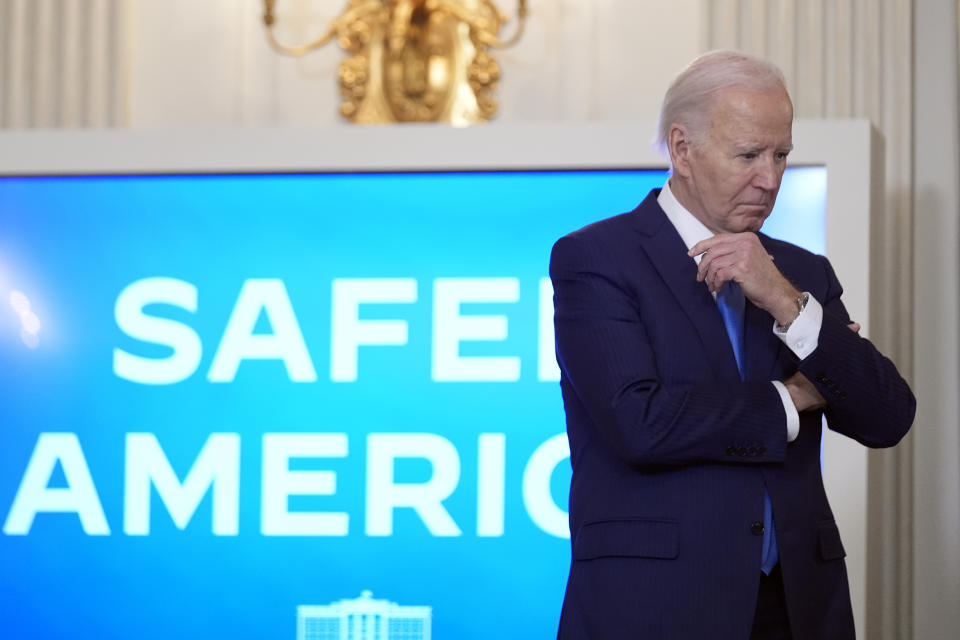 President Joe Biden speaks about his actions to fight crime and make communities safer in the State Dining Room of the White House in Washington, Wednesday, Feb. 28, 2024. (AP Photo/Andrew Harnik)