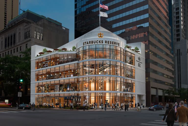 Una ilustración de lo que será la Starbucks Reserve Roastery en la Avenida Michigan de Chicago, la tienda de esa cadena de cafeterías más grande del mundo. Se abrirá en noviembre de 2019. (Starbucks)