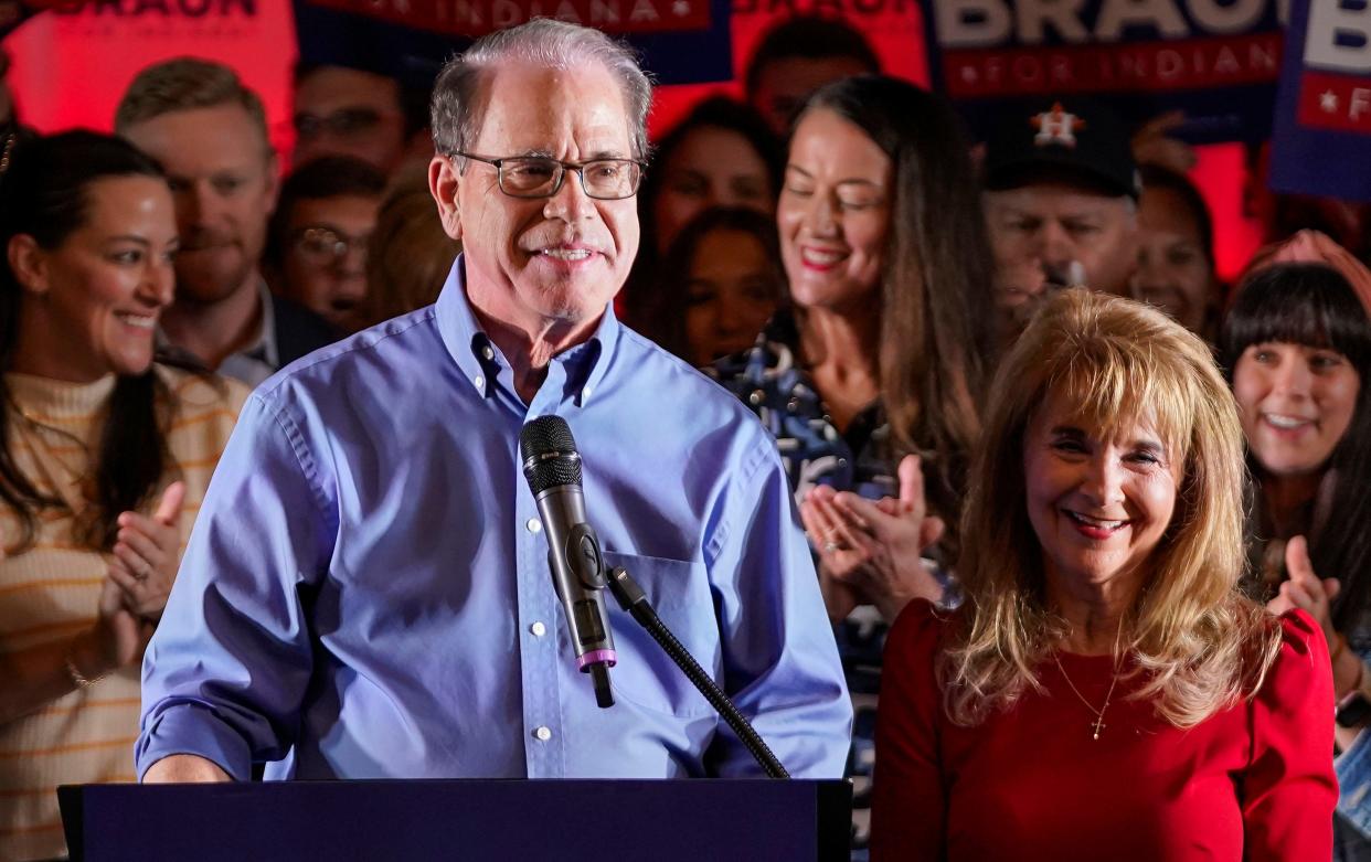 Sen. Mike Braun speaks to a crowd after winning the G.O.P nomination for governor Tuesday, May 7, 2024, during a watch party at Moontown Brewery in Whitestown.