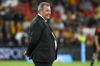 New Zealand head coach Ian Foster watches his players warm up ahead of the Rugby Championship test match between the All Blacks and the Pumas in Brisbane, Australia, Saturday, Sept. 18, 2021. (AP Photo/Tertius Pickard)