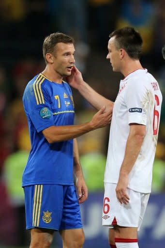 Andriy Shevchenko congratulates England's John Terry after the Euro 2012 match in Donetsk on June 19. Shevchenko is to join a pro-business party called Ukraine Forward! whose leader, Nataliya Korolevska, has broken away from the opposition party of jailed ex-prime minister Yulia Tymoshenko