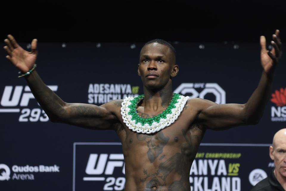 SYDNEY, AUSTRALIA - SEPTEMBER 08: Israel Adesanya of Nigeria poses during the ceremonial weigh in for UFC 293 at Qudos Bank Arena on September 08, 2023 in Sydney, Australia. (Photo by Mark Evans/Getty Images)